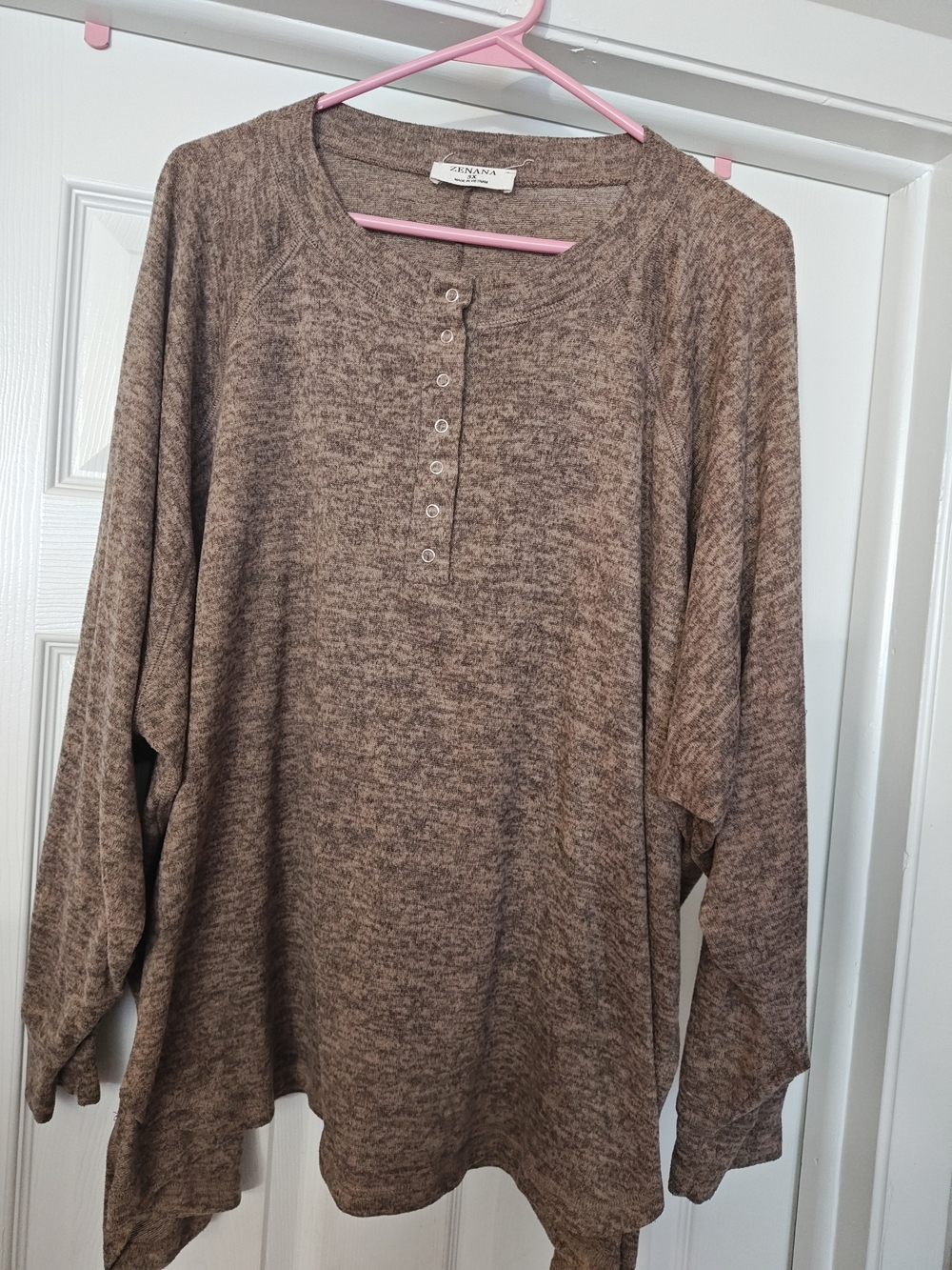 Zenana Outfitters Marled Taupe Brown Henley Sweatshirt